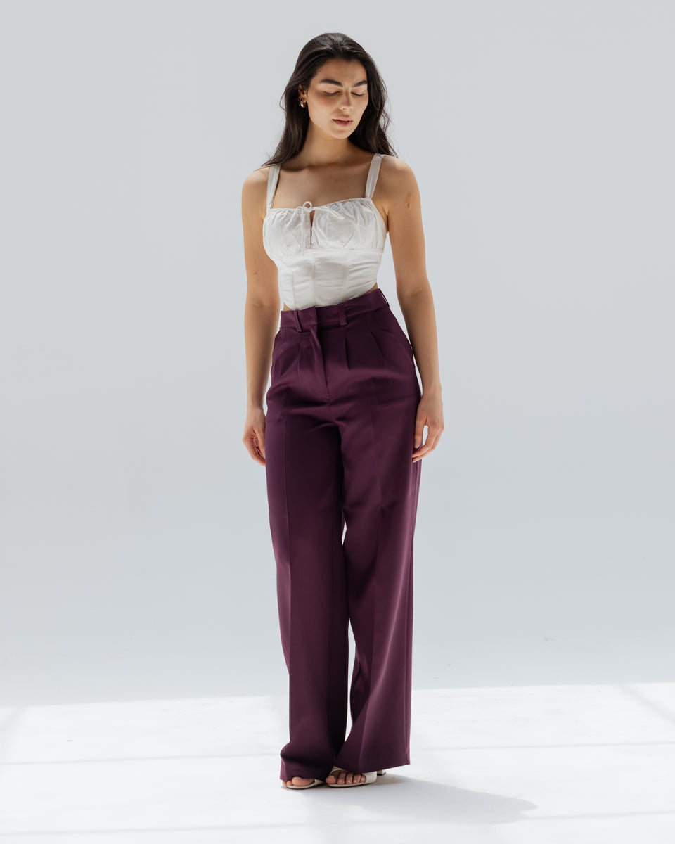 パンツ 21fw PLEATED TROUSERS purple PLEATED WIDE LEG PANTS DEEP-PLUM – AZADOURA