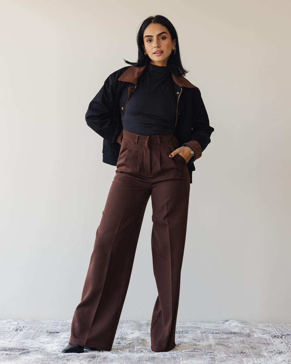 PLEATED WIDE LEG PANTS CACAO – AZADOURA