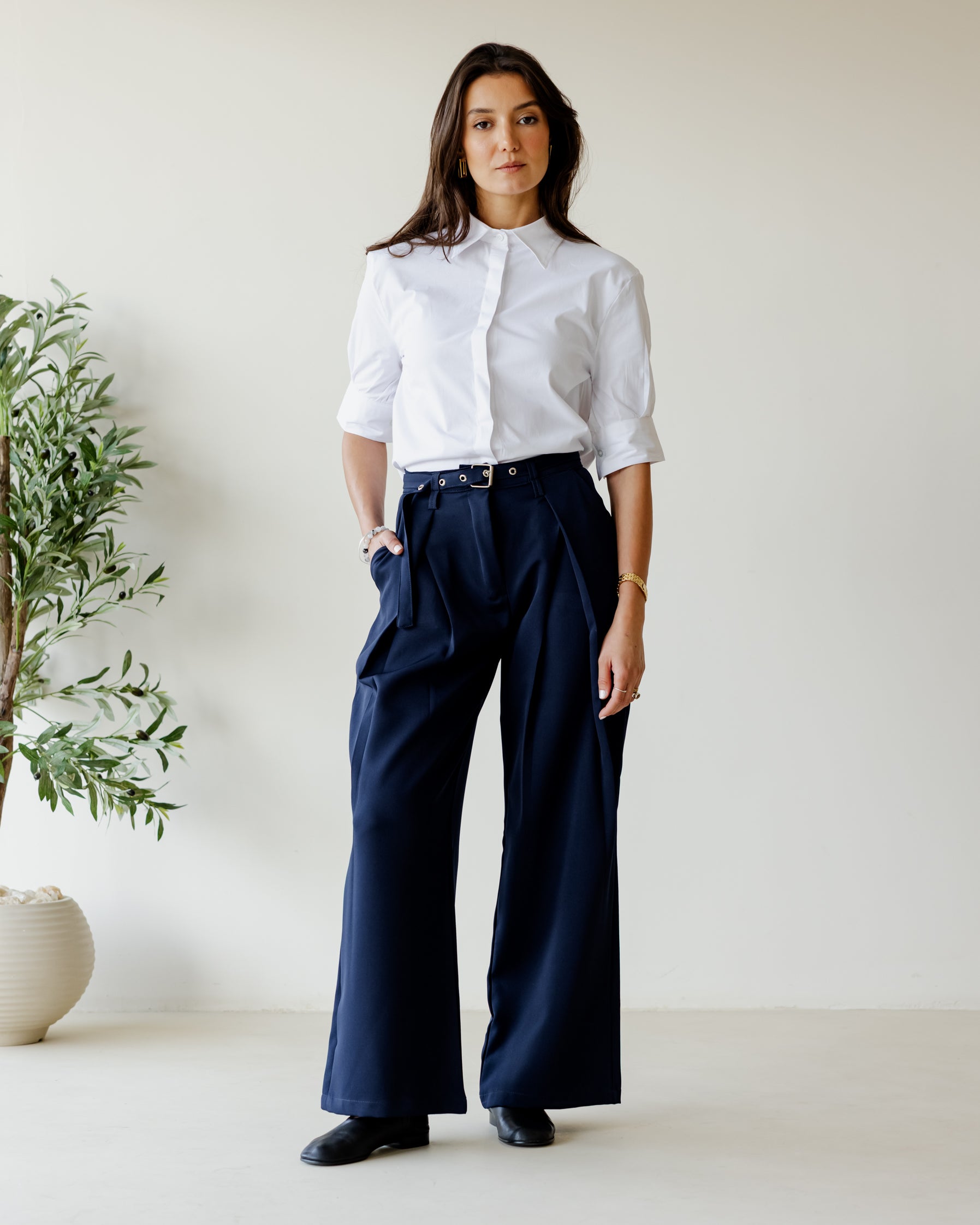 DRAPED-PLEAT WIDE LEG PANTS NAVY-BLUE